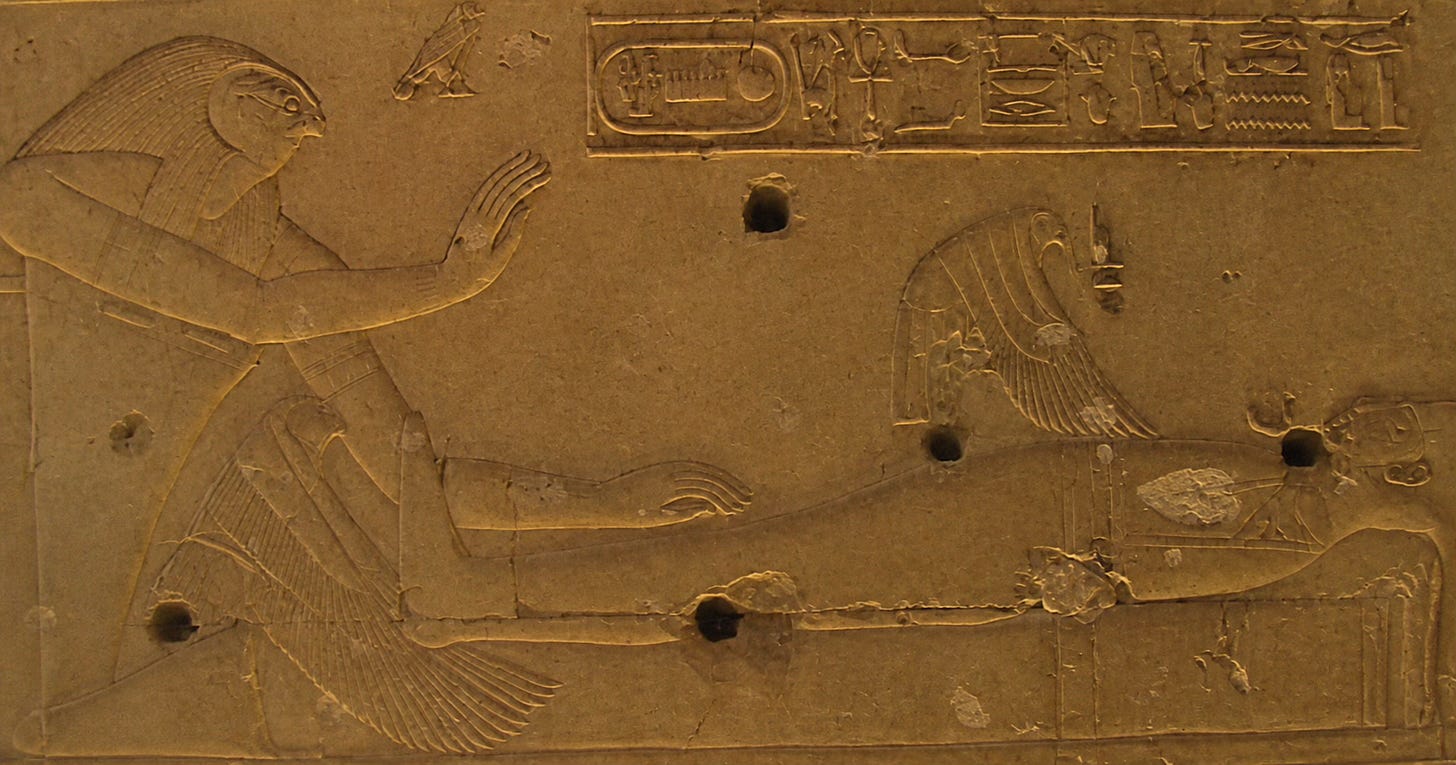 Relief from the temple of Seti I at Abydos: Egyptian figures carved in limestone, in a row